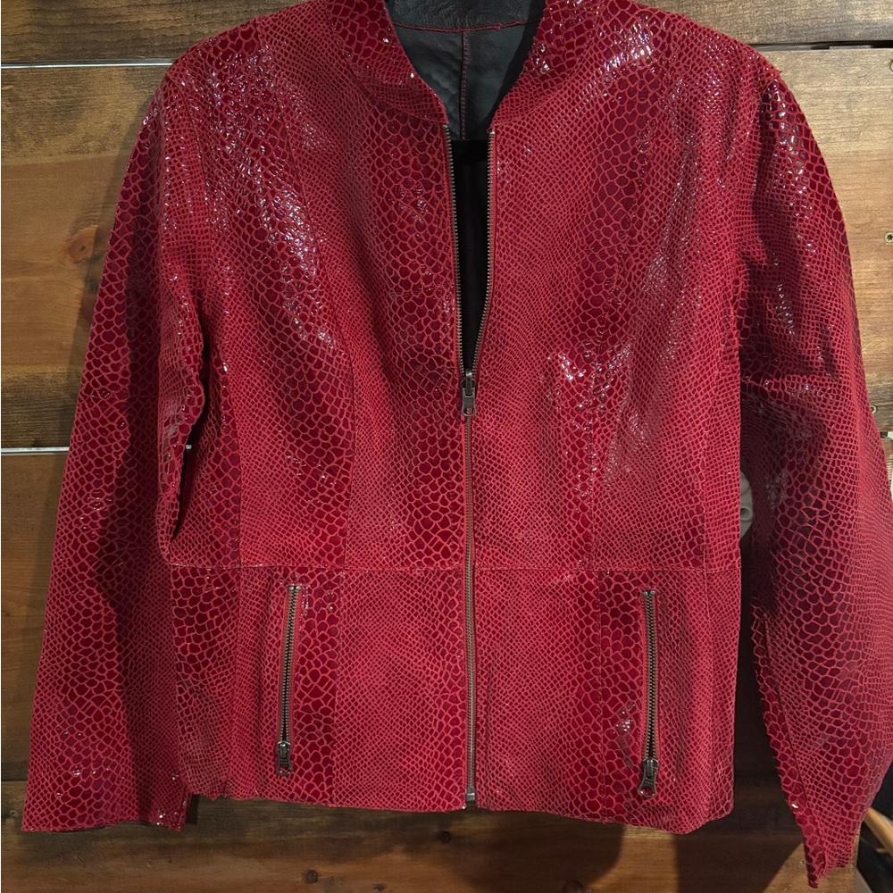 Chico's Red Textured Leather Jacket - Picture 1 of 6